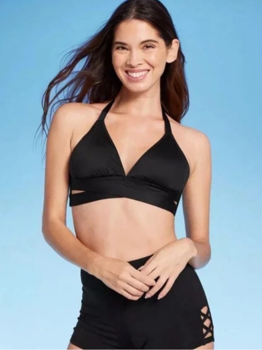 Shade & Shore Women's Triangle Bralette Faux Wrap Halter Bikini Top Black L